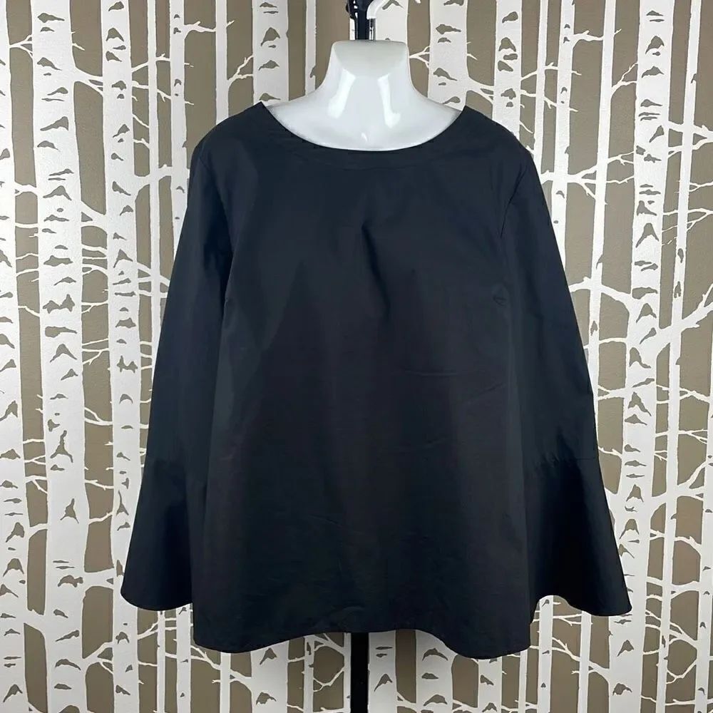Worthington Boho 70s Style Bell Sleeve Stretch Poplin Blouse 1X Black